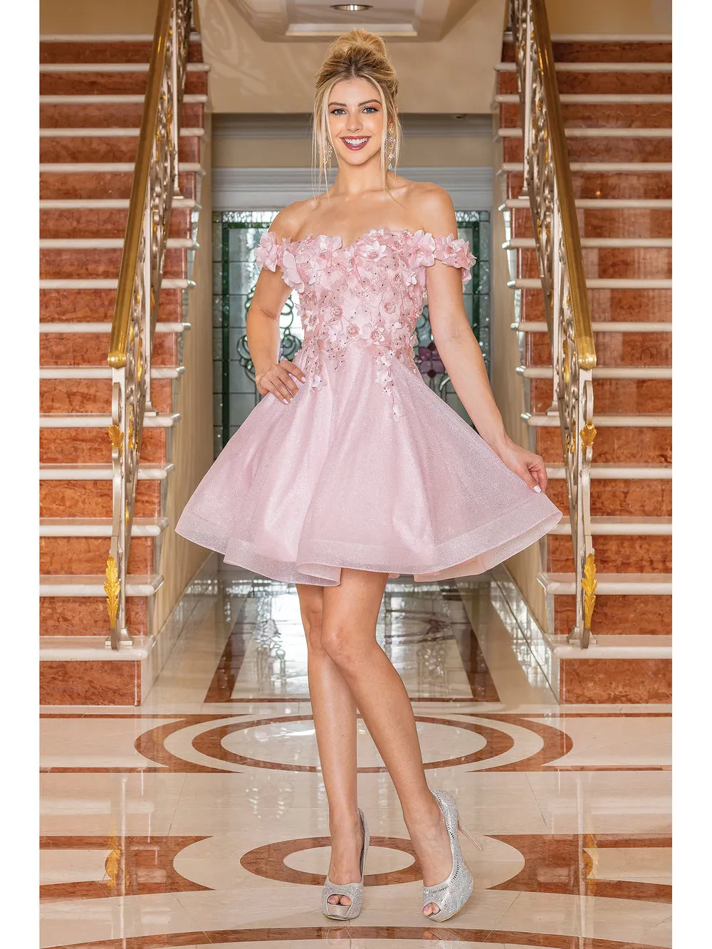 DQ 3254 - Off the Shoulder Short Homecoming Dress with 3D Floral Applique Lace Up Corset Back & Glitter Tulle Skirt