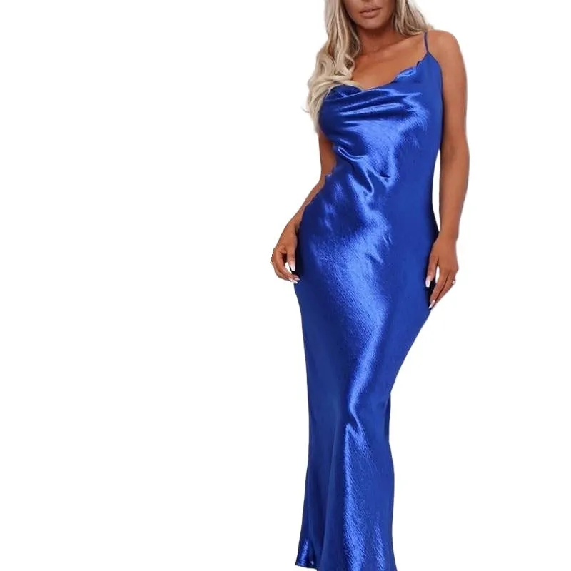 Elegant Sexy Ladies' Lace-up Spaghetti Strap Bodycon Satin Maxi Dress