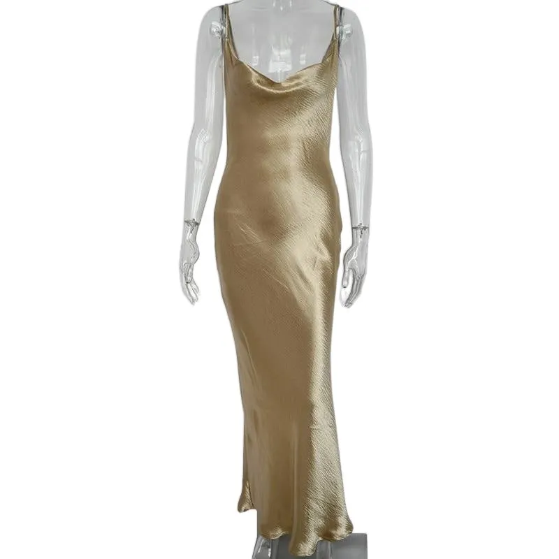 Elegant Sexy Ladies' Lace-up Spaghetti Strap Bodycon Satin Maxi Dress