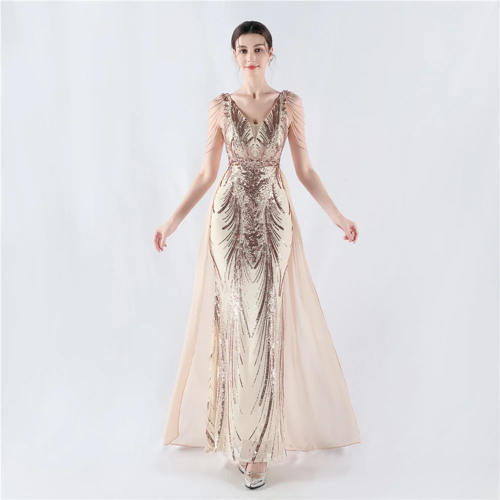 Elegant V-Neck Floral Sequin with Cloak Craft Beading Evening Dress