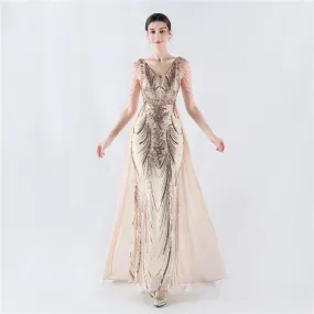 Elegant V-Neck Floral Sequin with Cloak Craft Beading Evening Dress