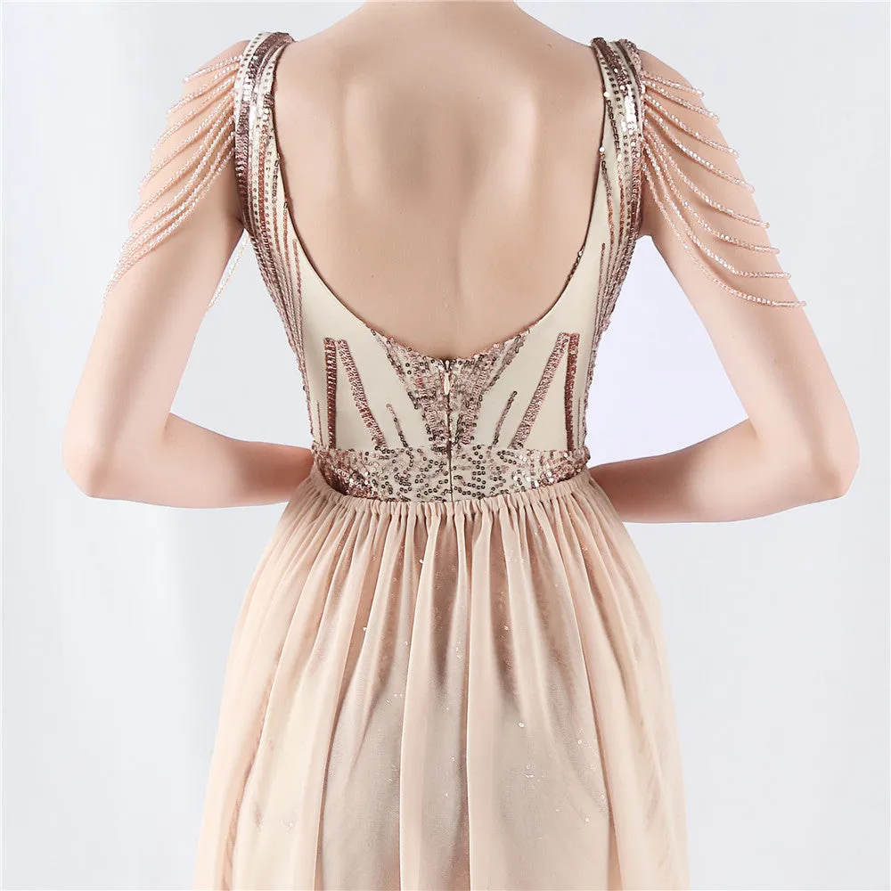 Elegant V-Neck Floral Sequin with Cloak Craft Beading Evening Dress