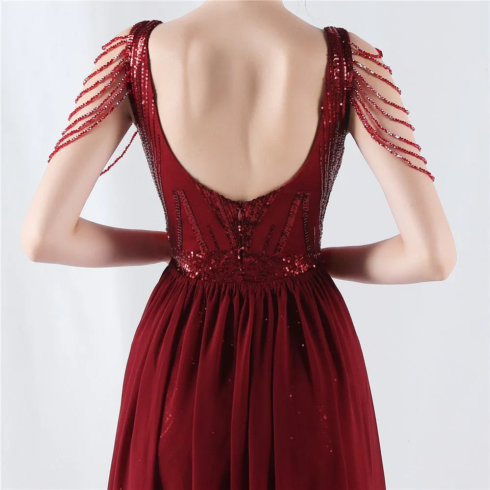 Elegant V-Neck Floral Sequin with Cloak Craft Beading Evening Dress
