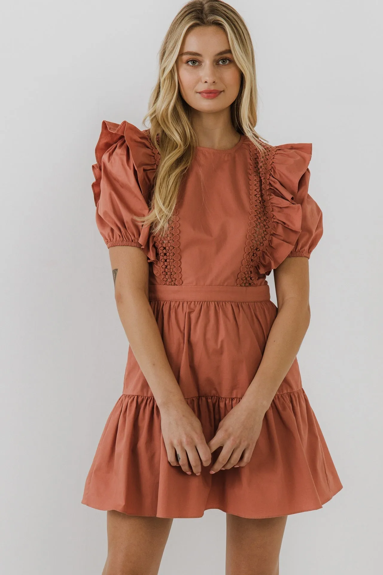English Factory - Lace Inserted Dress with Puff Sleeves - Final Sale