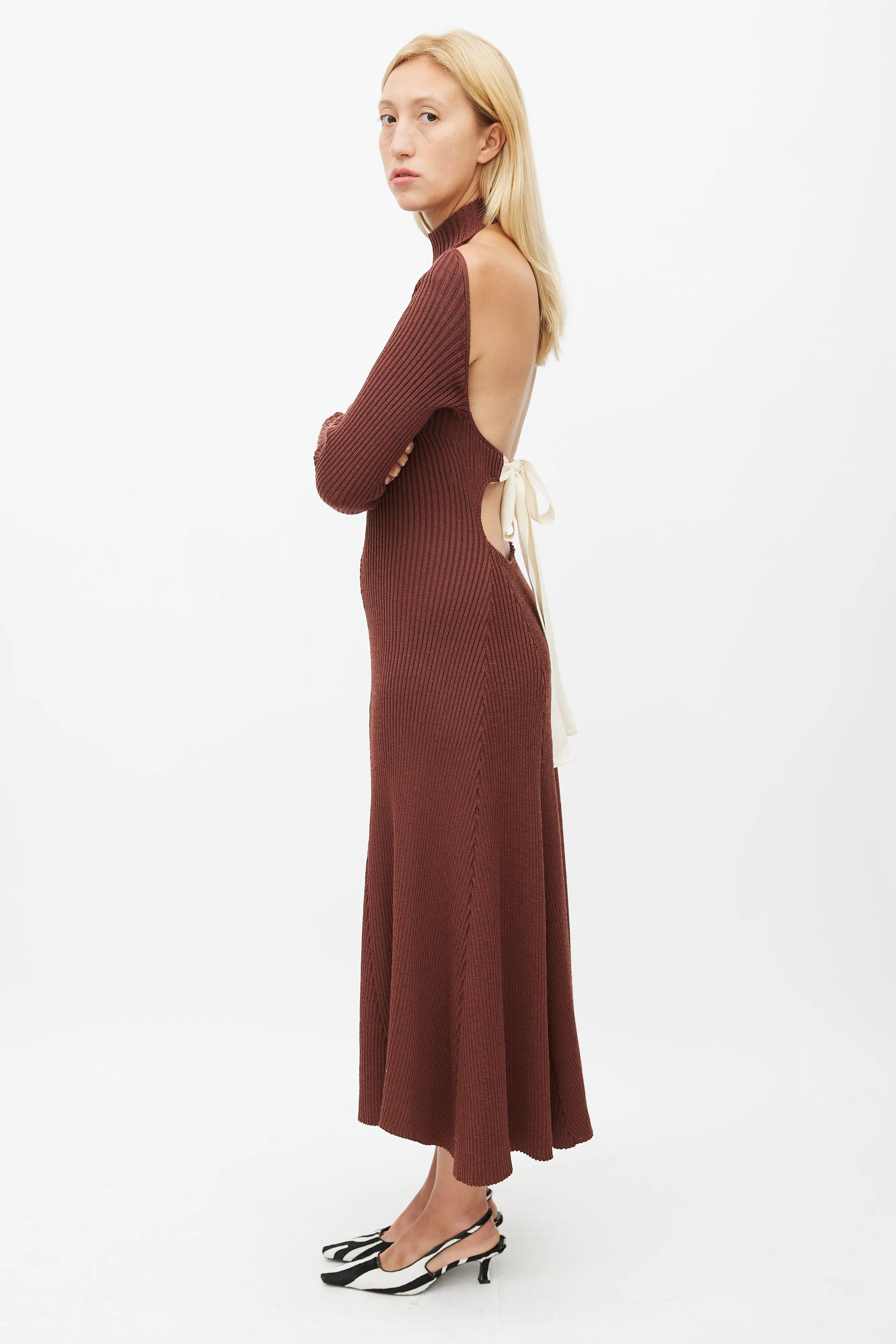 Fall 2015 Brown Knit Backless Dress