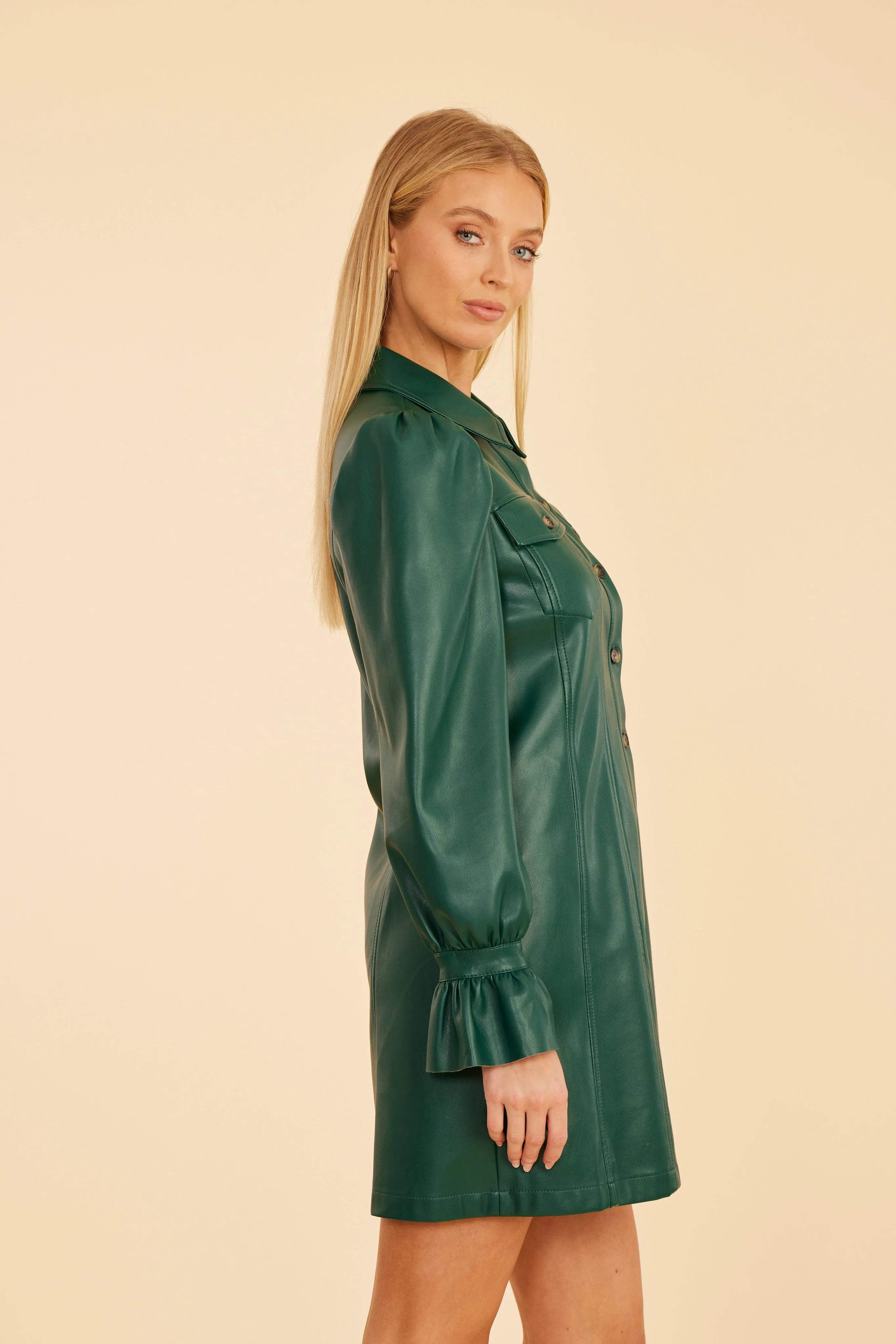 Faux Leather Ruffle Cuff Dress