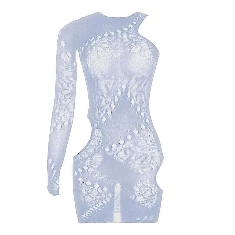Fishnet irregular long sleeve hollow out see through cut out mini dress