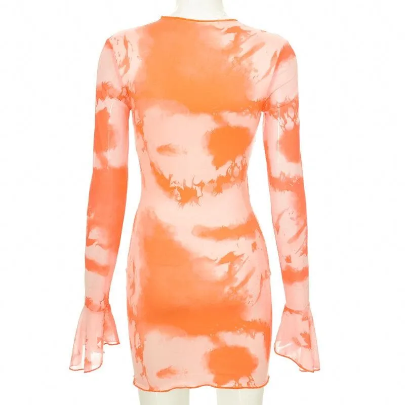 Flared sleeve tie dye self tie contrast v neck mini dress