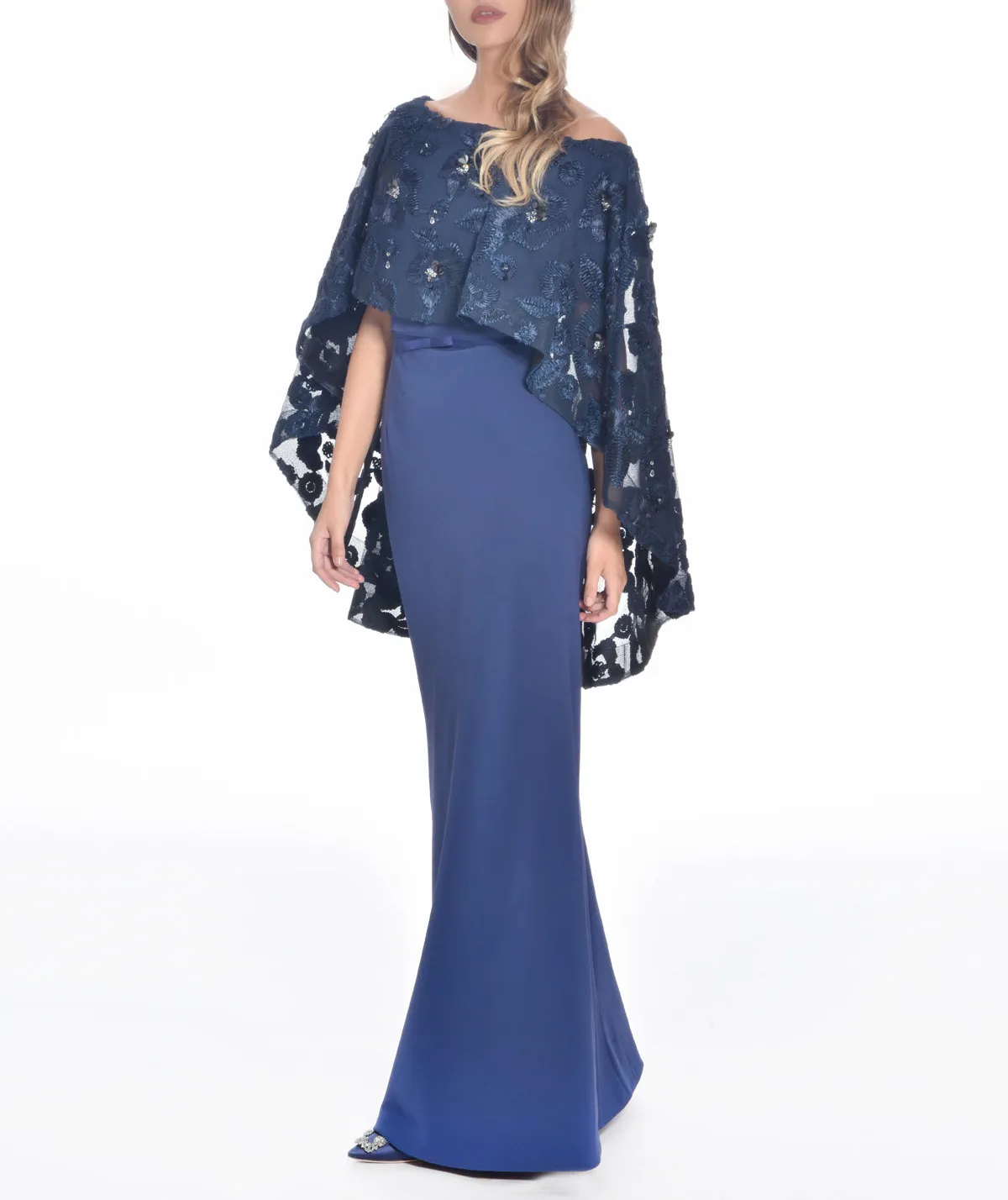 Floral Embroidered Cape Gown