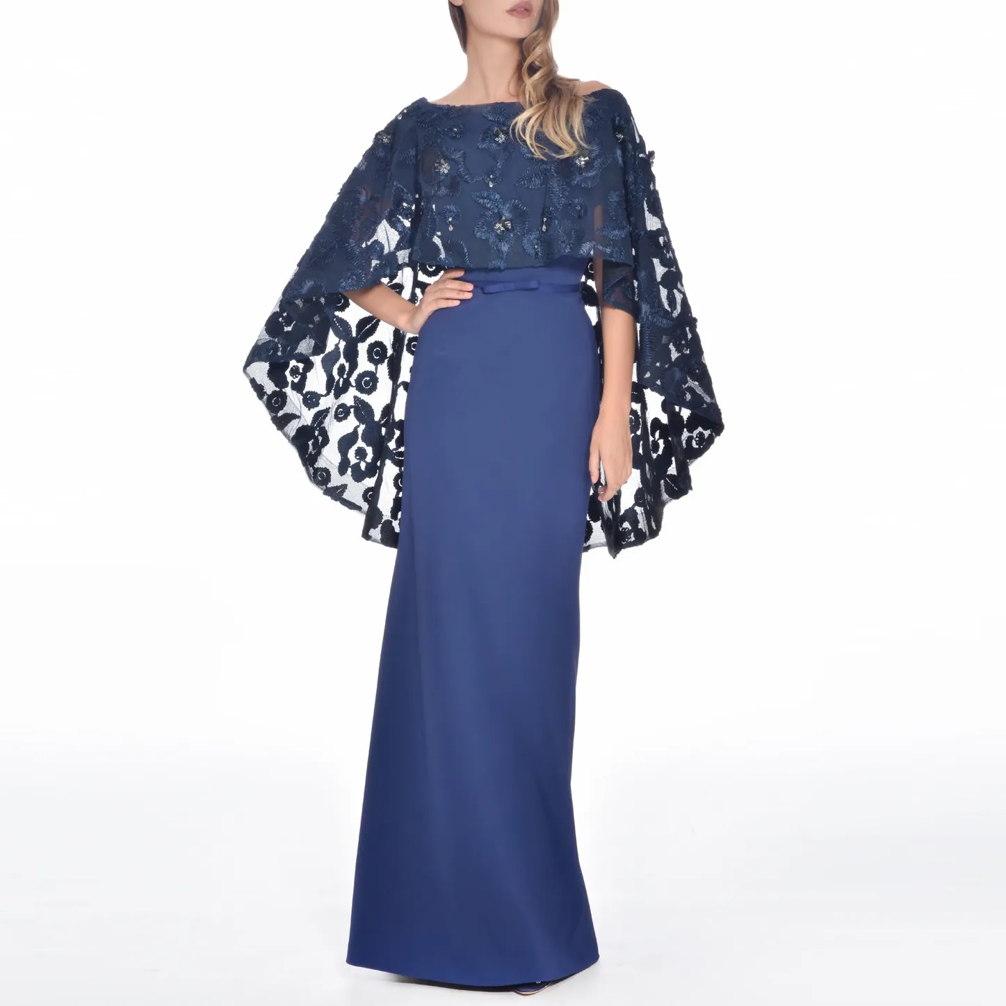 Floral Embroidered Cape Gown