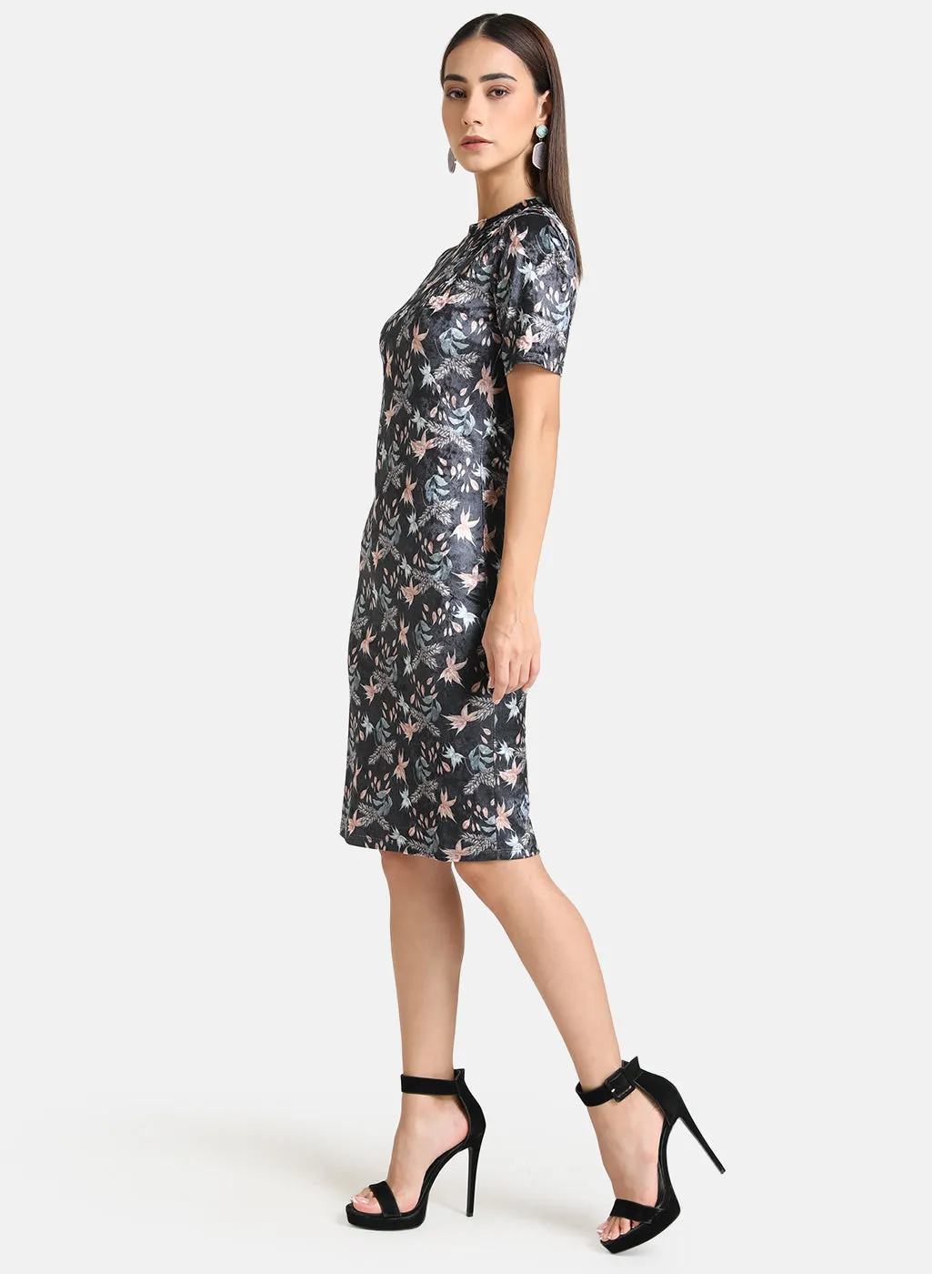 Floral Printed Velvet Bodycon Midi Dress
