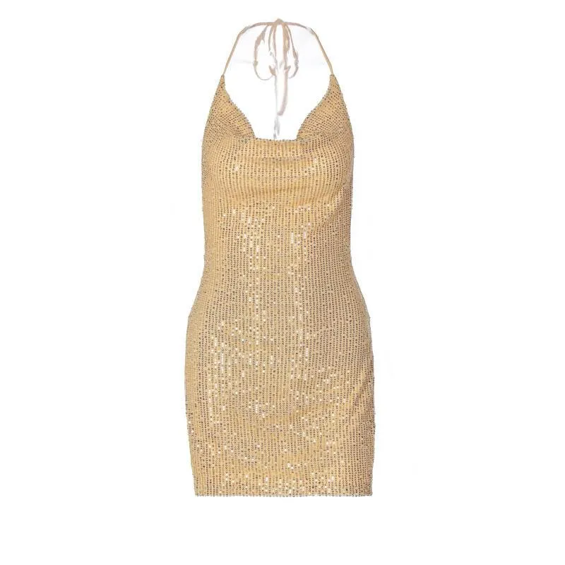 Glitter cowl neck halter slit backless mini dress