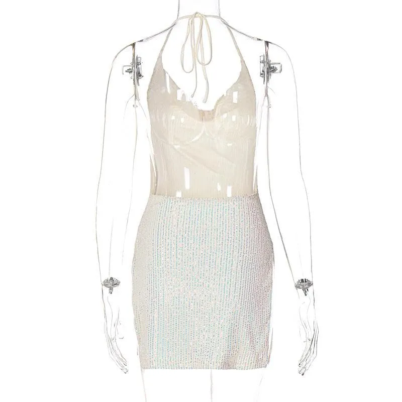 Glitter cowl neck halter slit backless mini dress