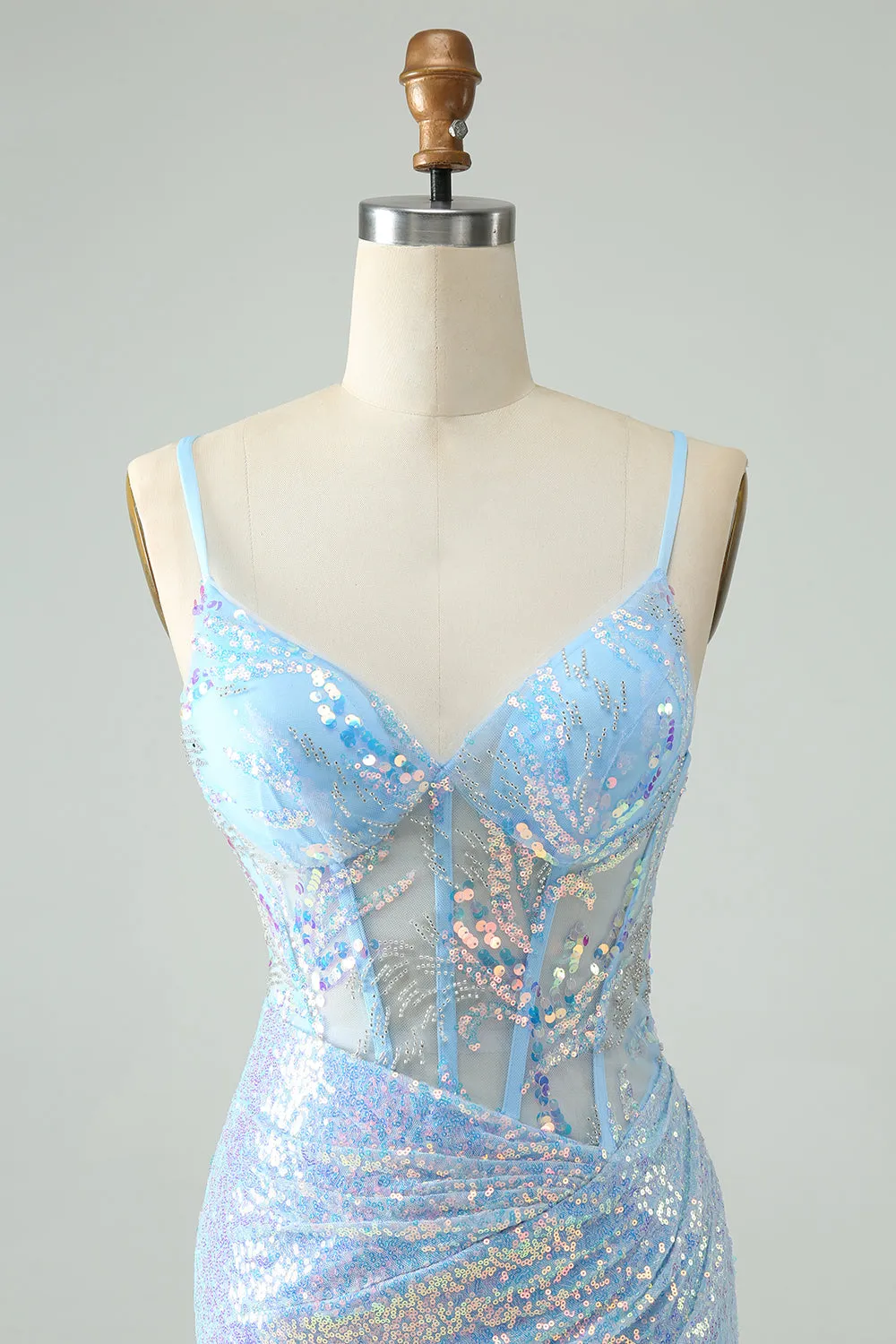 Glitter Lilac Tight Spaghetti Straps Corset Short Homecoming Dress with Sequins