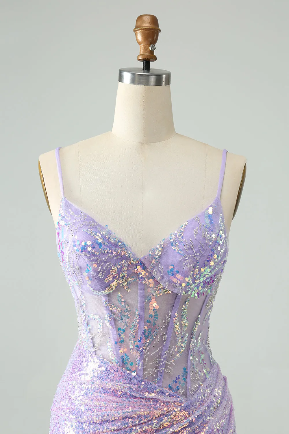Glitter Lilac Tight Spaghetti Straps Corset Short Homecoming Dress with Sequins