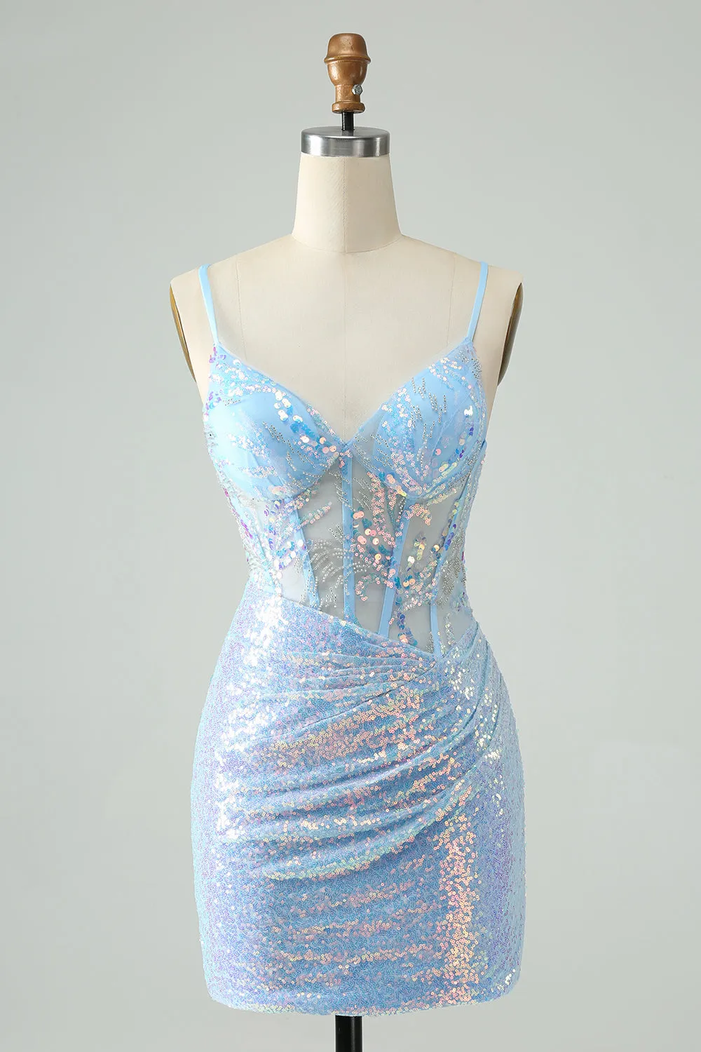 Glitter Lilac Tight Spaghetti Straps Corset Short Homecoming Dress with Sequins