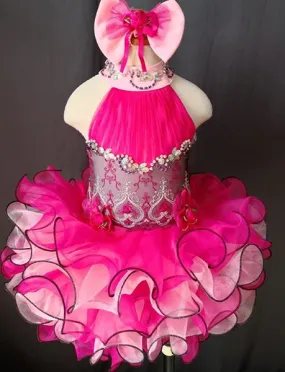Halter Beaded Bodice Baby Girl Glitz Pageant Dress with Hair bow