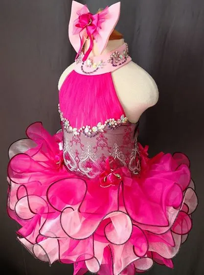 Halter Beaded Bodice Baby Girl Glitz Pageant Dress with Hair bow