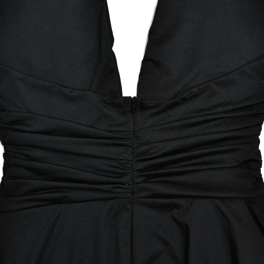 Halter o ring v neck irregular backless solid midi dress