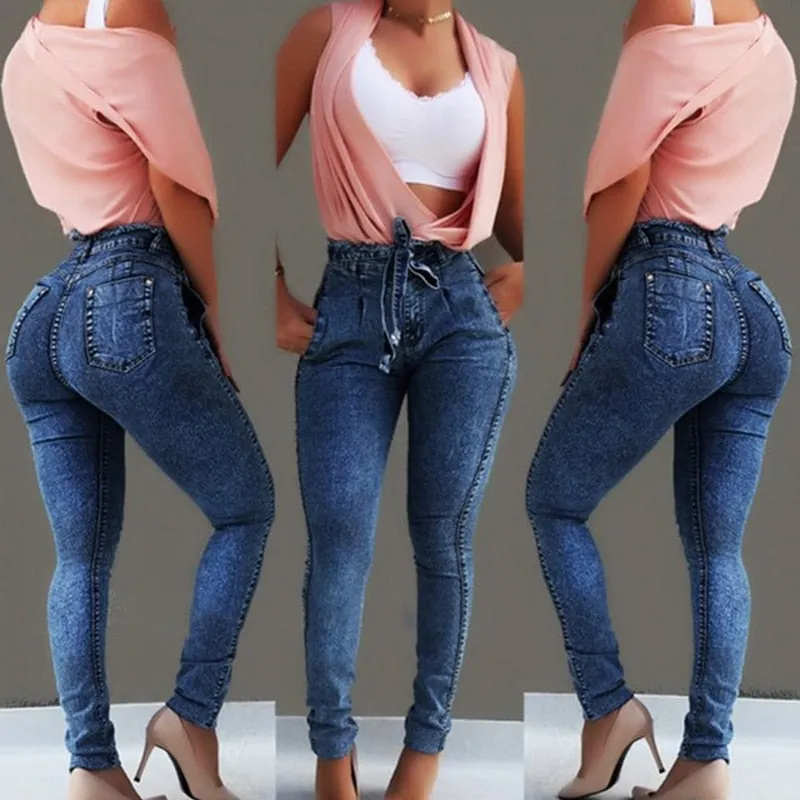 High Waist Jeans Women Streetwear Bandage Denim Plus Size Jeans Femme Pencil Pants Skinny Jeans Woman