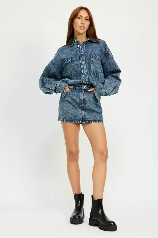 Hot Girl Culture Code Contrast Shoulder Denim Mini Dress
