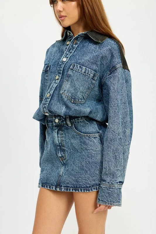 Hot Girl Culture Code Contrast Shoulder Denim Mini Dress