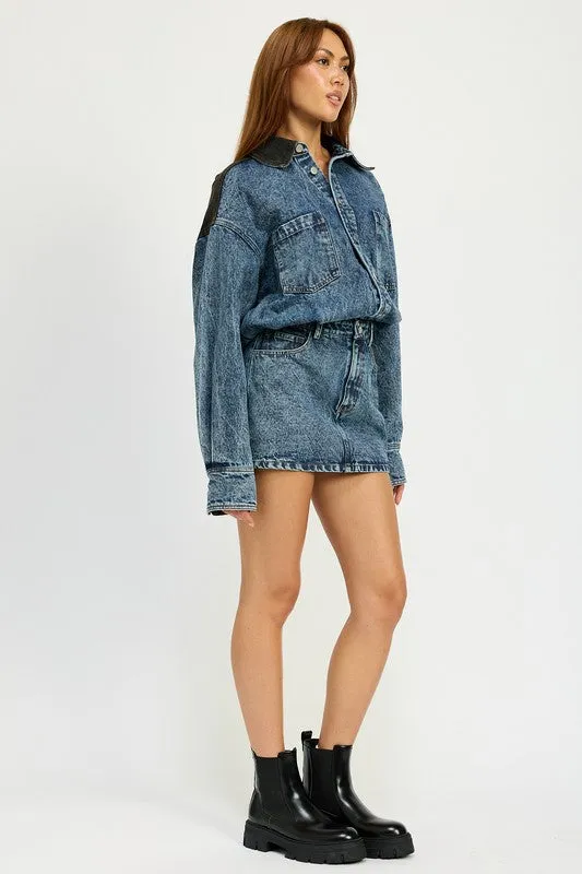 Hot Girl Culture Code Contrast Shoulder Denim Mini Dress