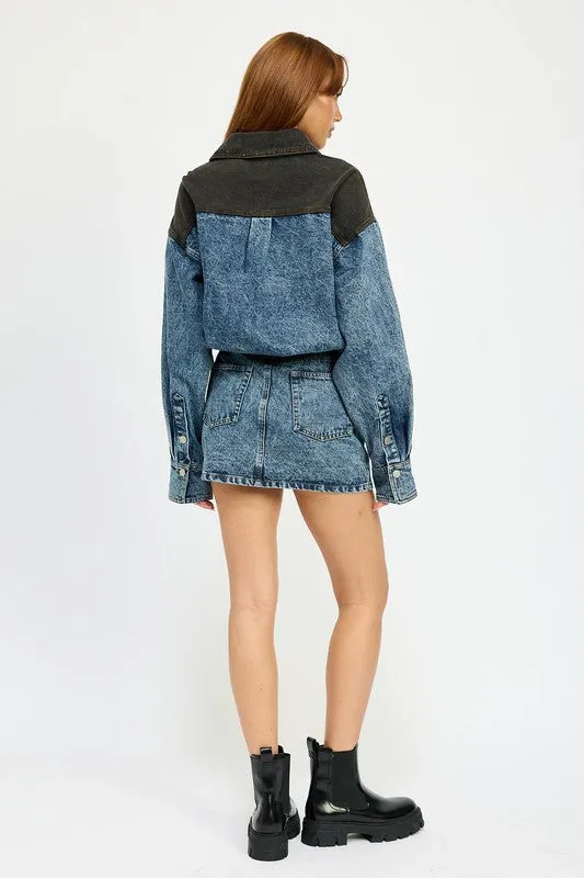 Hot Girl Culture Code Contrast Shoulder Denim Mini Dress