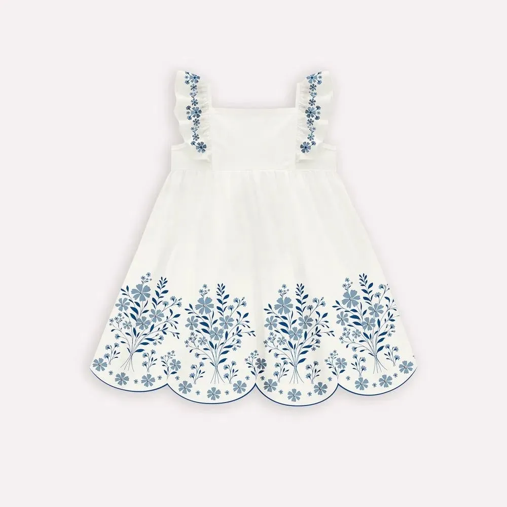 Ivory cotton Knit  blue print dress - Milon