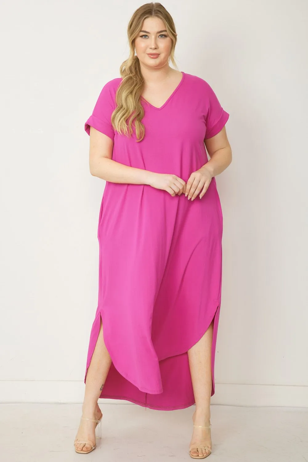 Jersey Knit V Neck Maxi Dress W/ Pockets