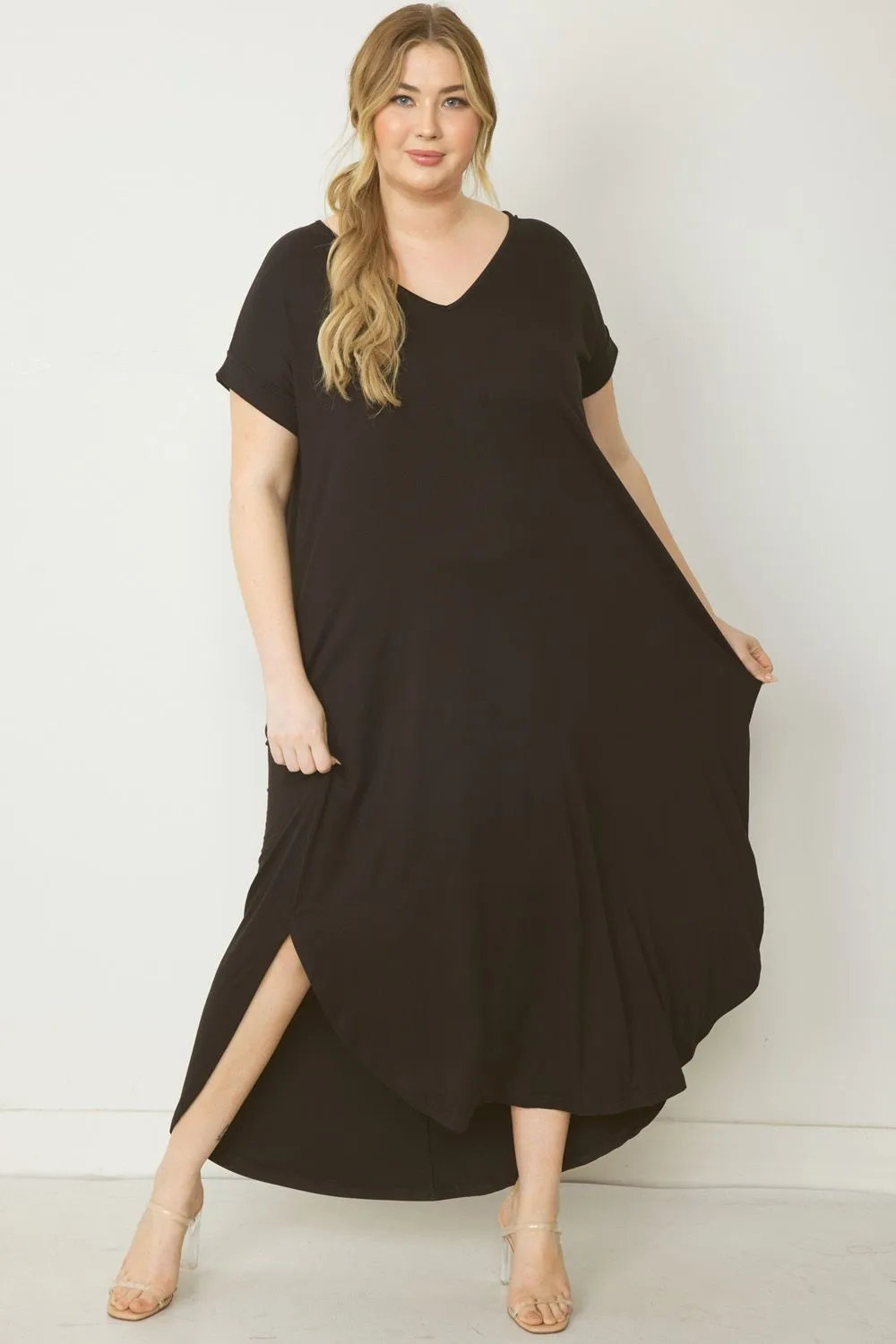 Jersey Knit V Neck Maxi Dress W/ Pockets