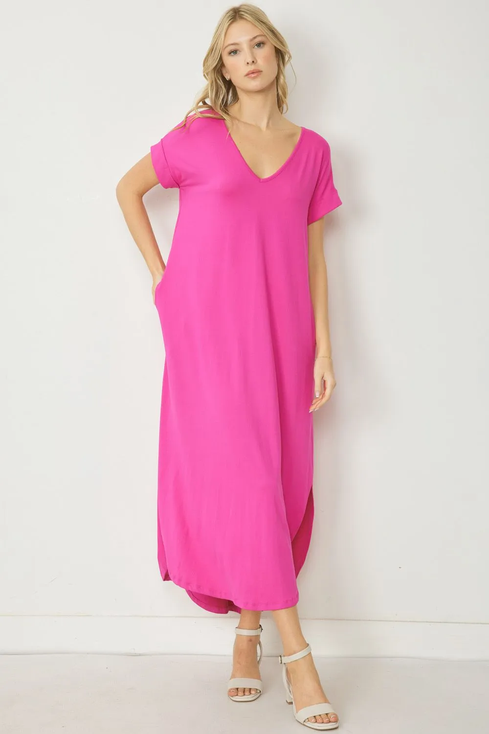 Jersey Knit V Neck Maxi Dress W/ Pockets