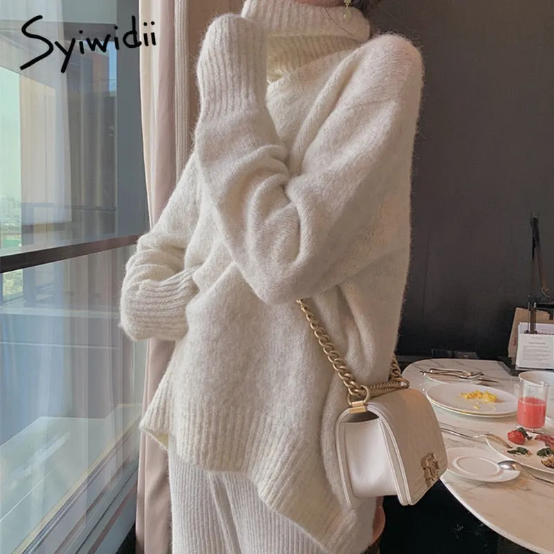 Joskaa Turtleneck Sweater Women Korean Fashion 2024 Fall Pullovers Batwing Sleeve Winter Clothes Knit Black Pink Vintage Tops
