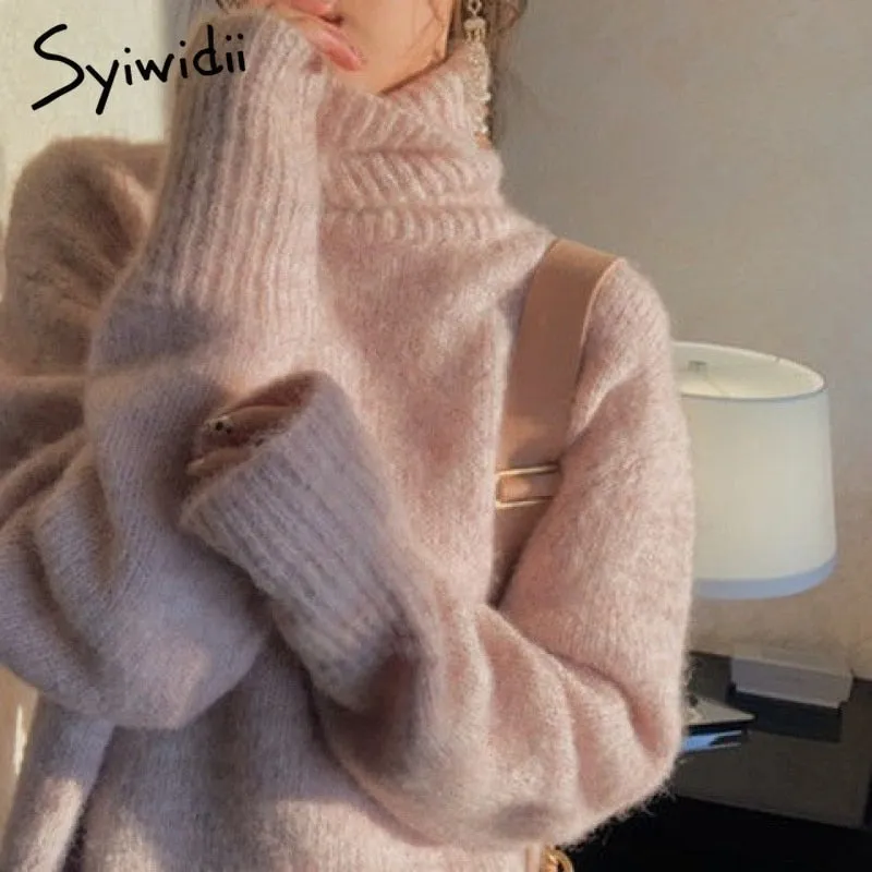Joskaa Turtleneck Sweater Women Korean Fashion 2024 Fall Pullovers Batwing Sleeve Winter Clothes Knit Black Pink Vintage Tops