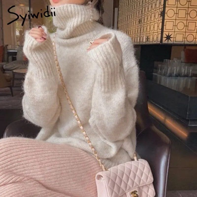 Joskaa Turtleneck Sweater Women Korean Fashion 2024 Fall Pullovers Batwing Sleeve Winter Clothes Knit Black Pink Vintage Tops