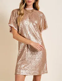 Keep Me Up Rose Gold Sequin Crew Neck Dress