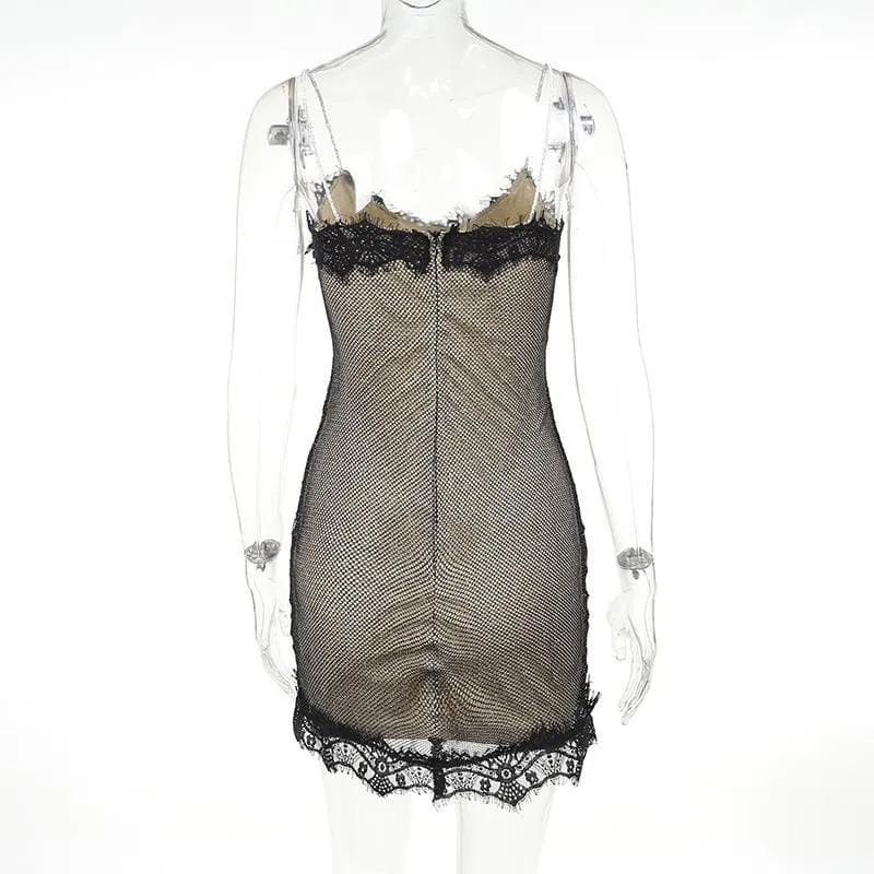 Lace glitter patchwork zip-up v neck cami mini dress