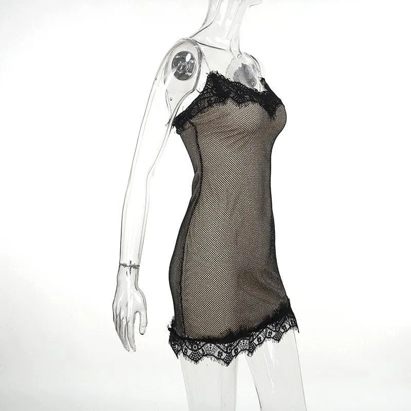 Lace glitter patchwork zip-up v neck cami mini dress