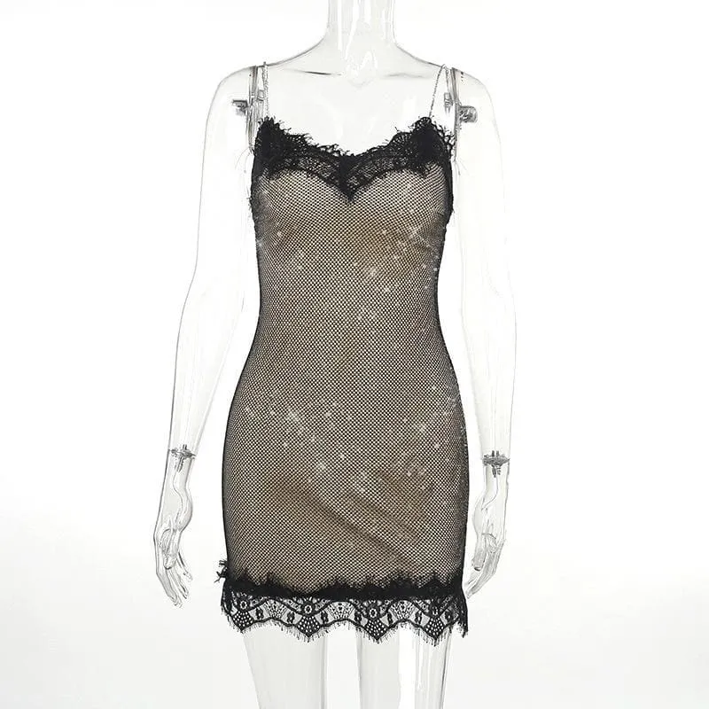 Lace glitter patchwork zip-up v neck cami mini dress