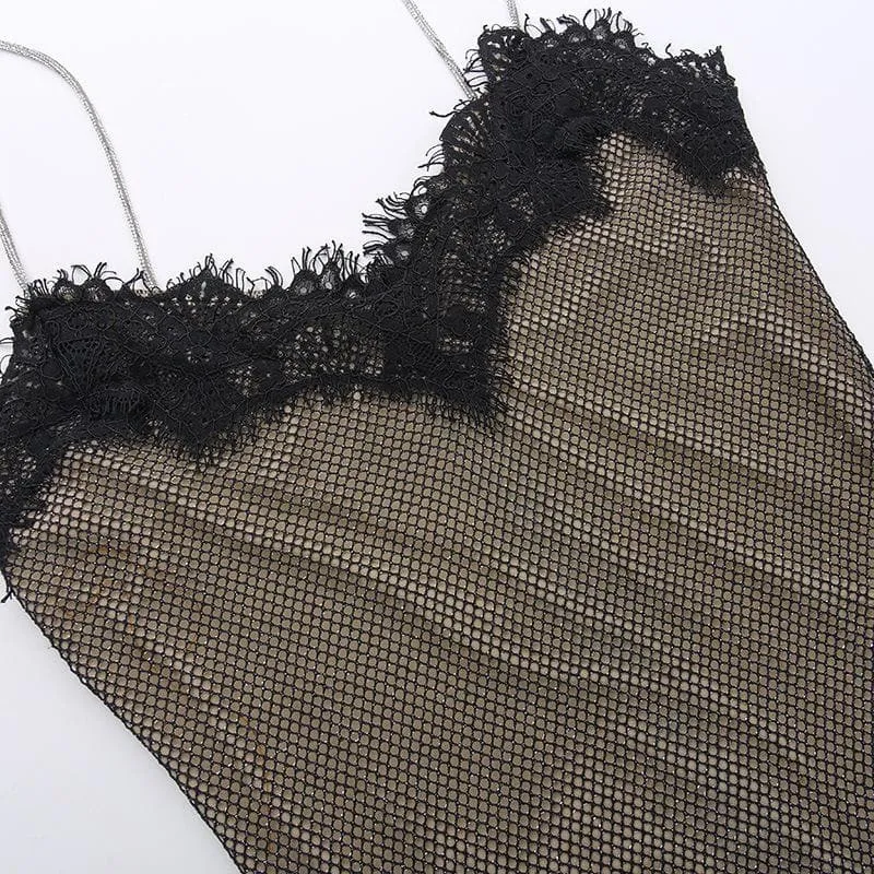 Lace glitter patchwork zip-up v neck cami mini dress