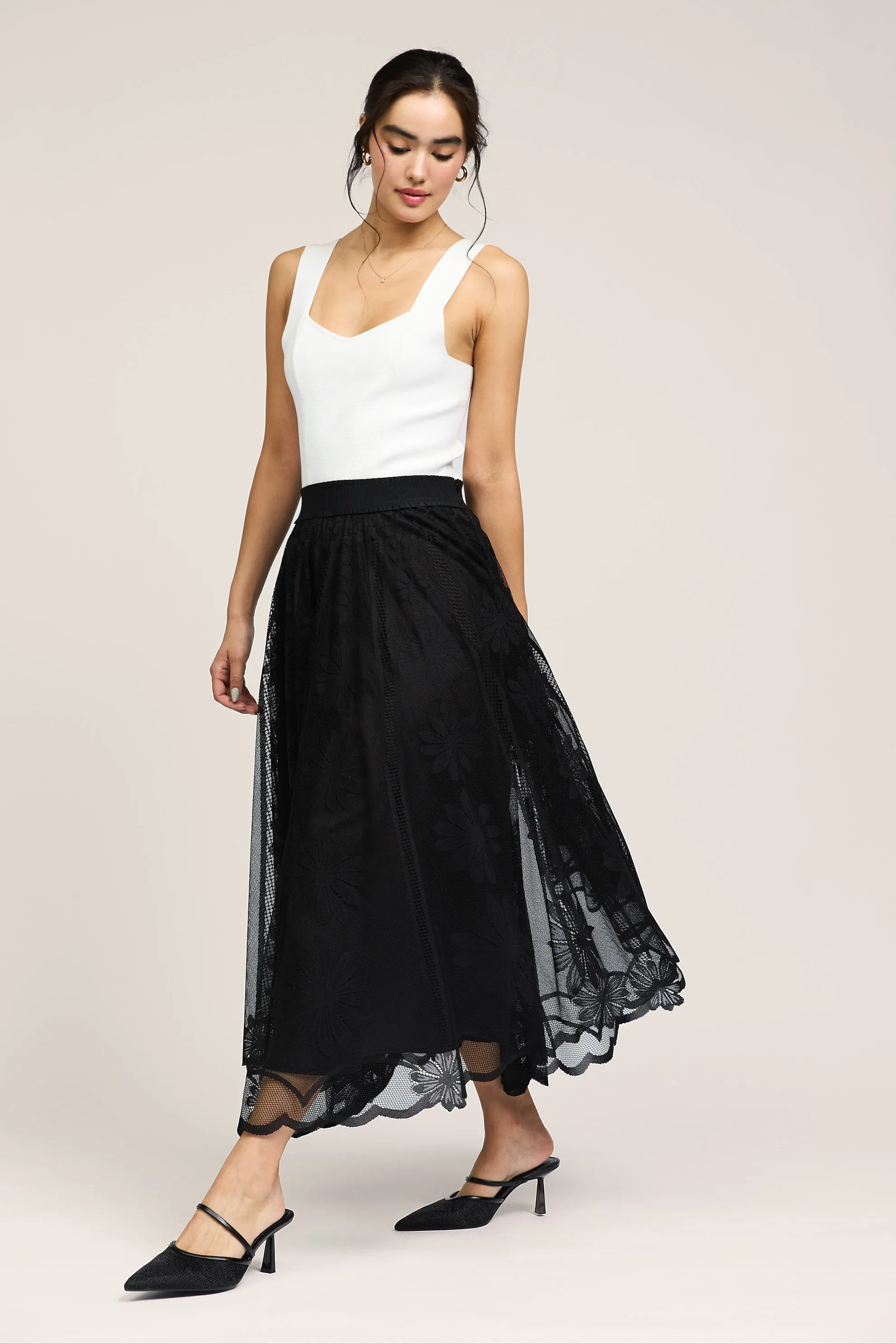 Lace Overlay Midi Skirt