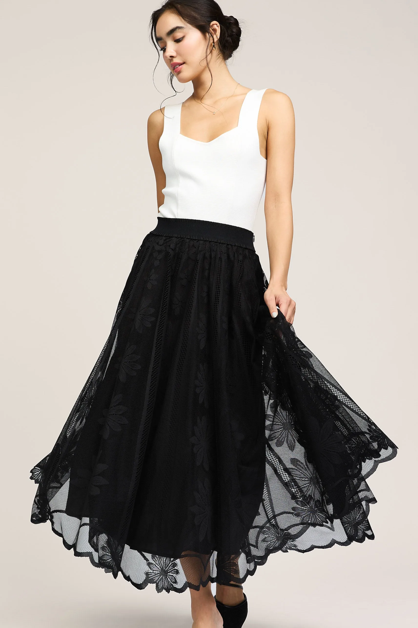 Lace Overlay Midi Skirt