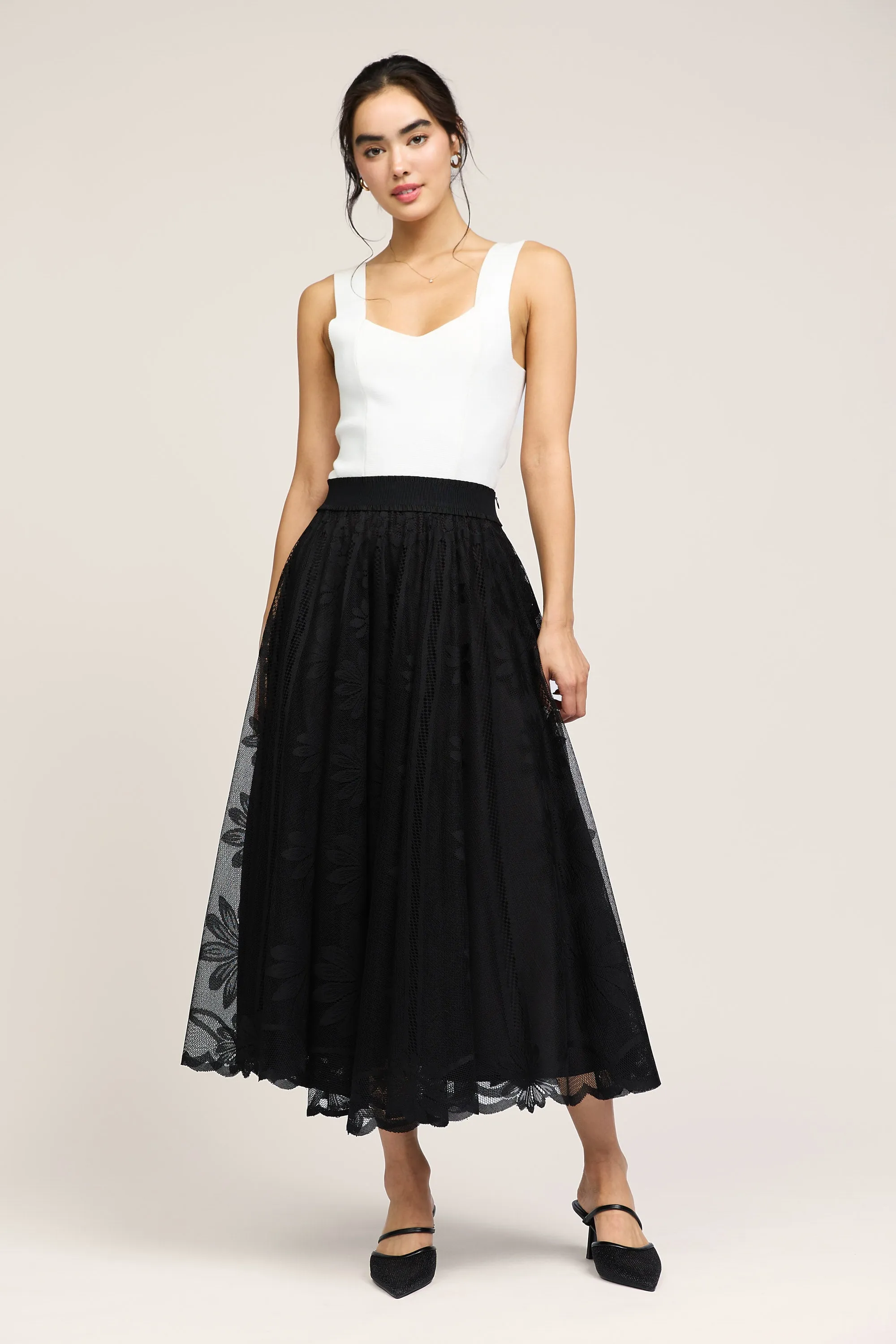 Lace Overlay Midi Skirt
