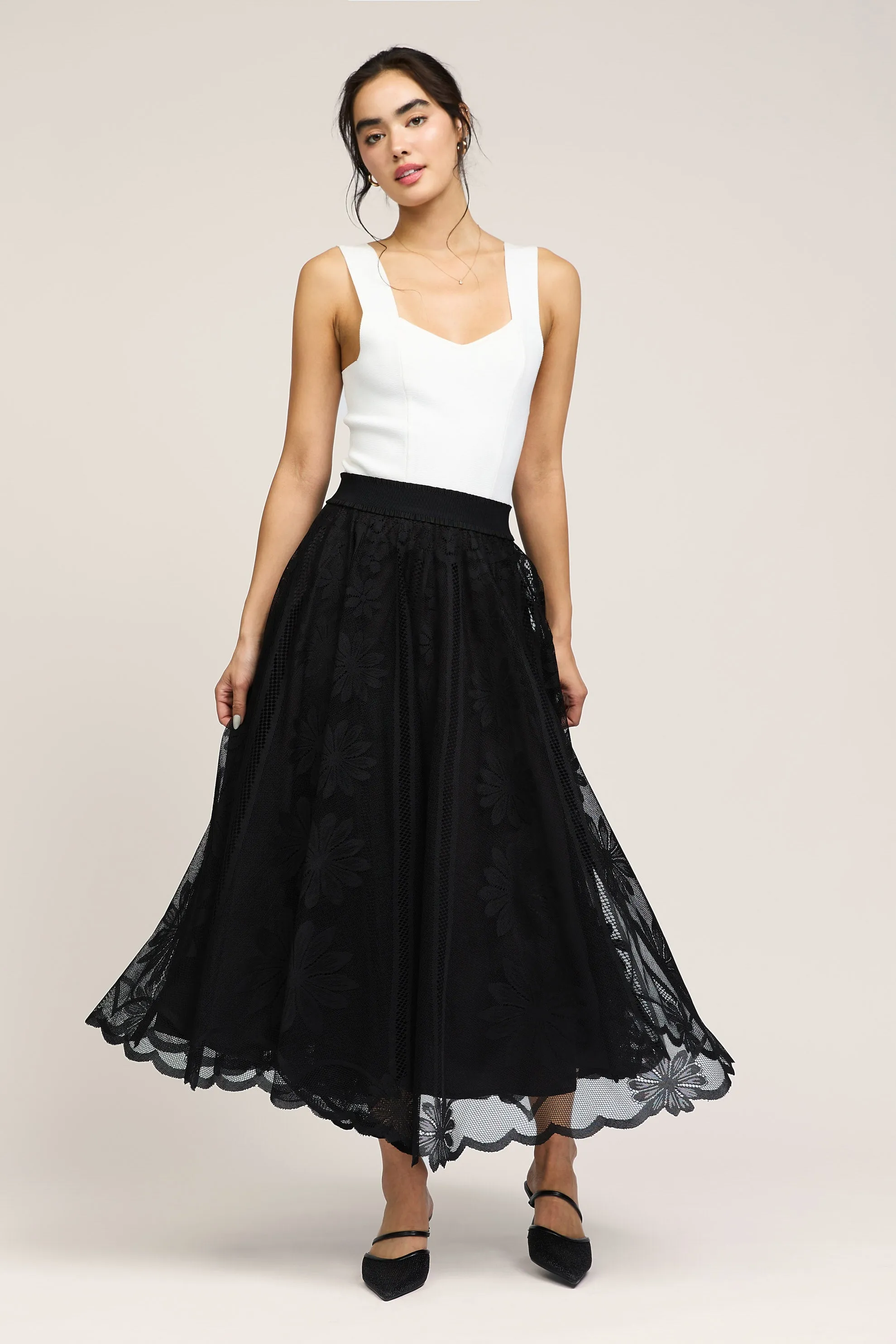 Lace Overlay Midi Skirt