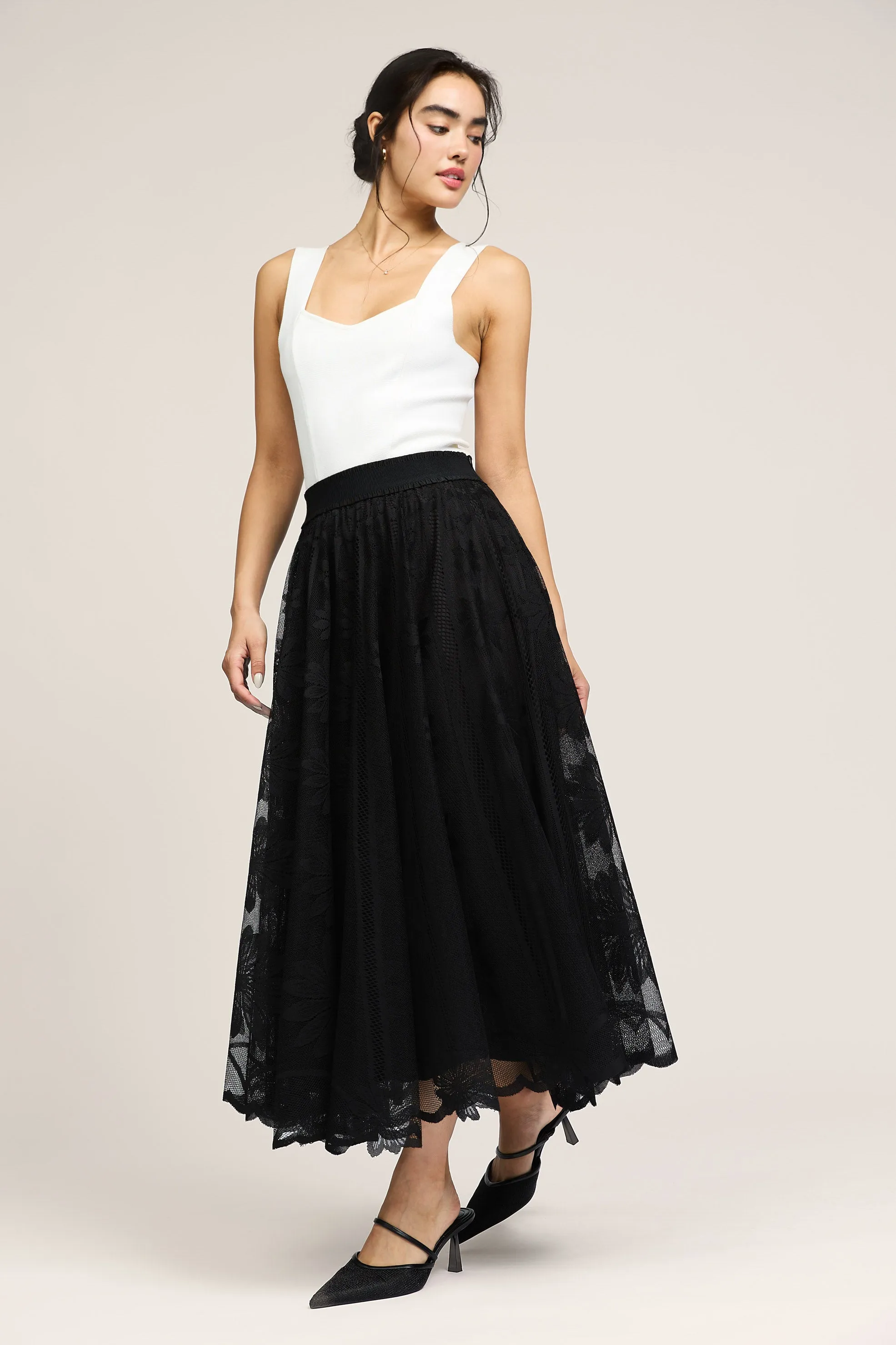 Lace Overlay Midi Skirt