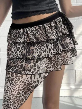 LANFUBEISI - Leopard Print Irregular Ruffle Mini Skirt
