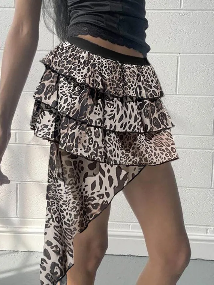 LANFUBEISI - Leopard Print Irregular Ruffle Mini Skirt