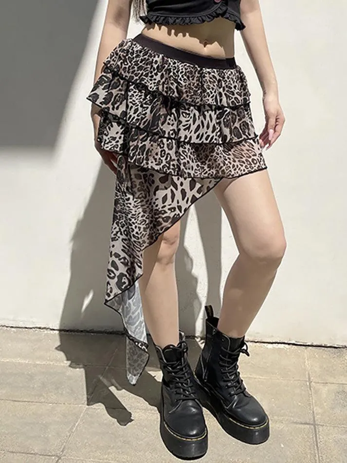 LANFUBEISI - Leopard Print Irregular Ruffle Mini Skirt