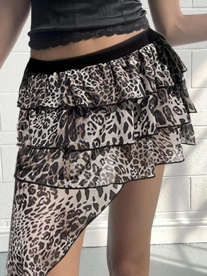 LANFUBEISI - Leopard Print Irregular Ruffle Mini Skirt