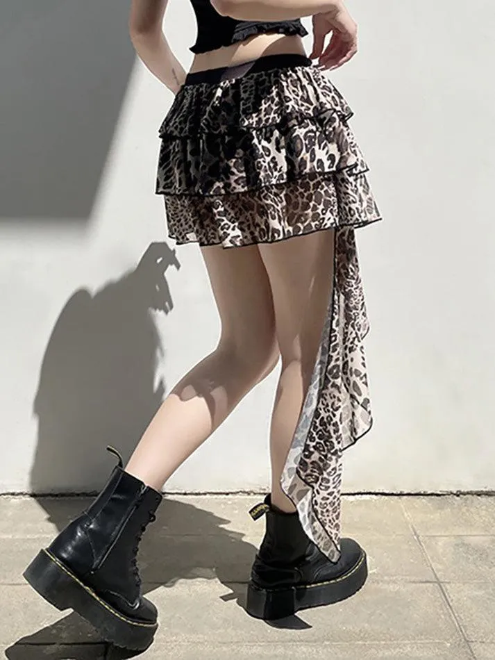 LANFUBEISI - Leopard Print Irregular Ruffle Mini Skirt